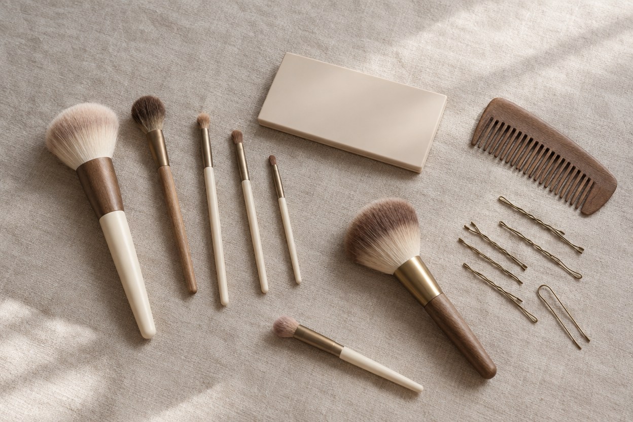 リネンの上に並べたメイク道具とヘアピンのイメージ