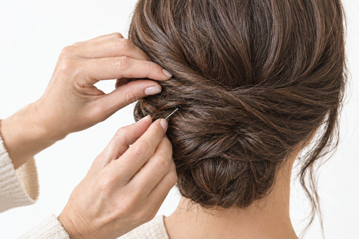 ヘアピンでまとめ髪を整える手元のイメージ
