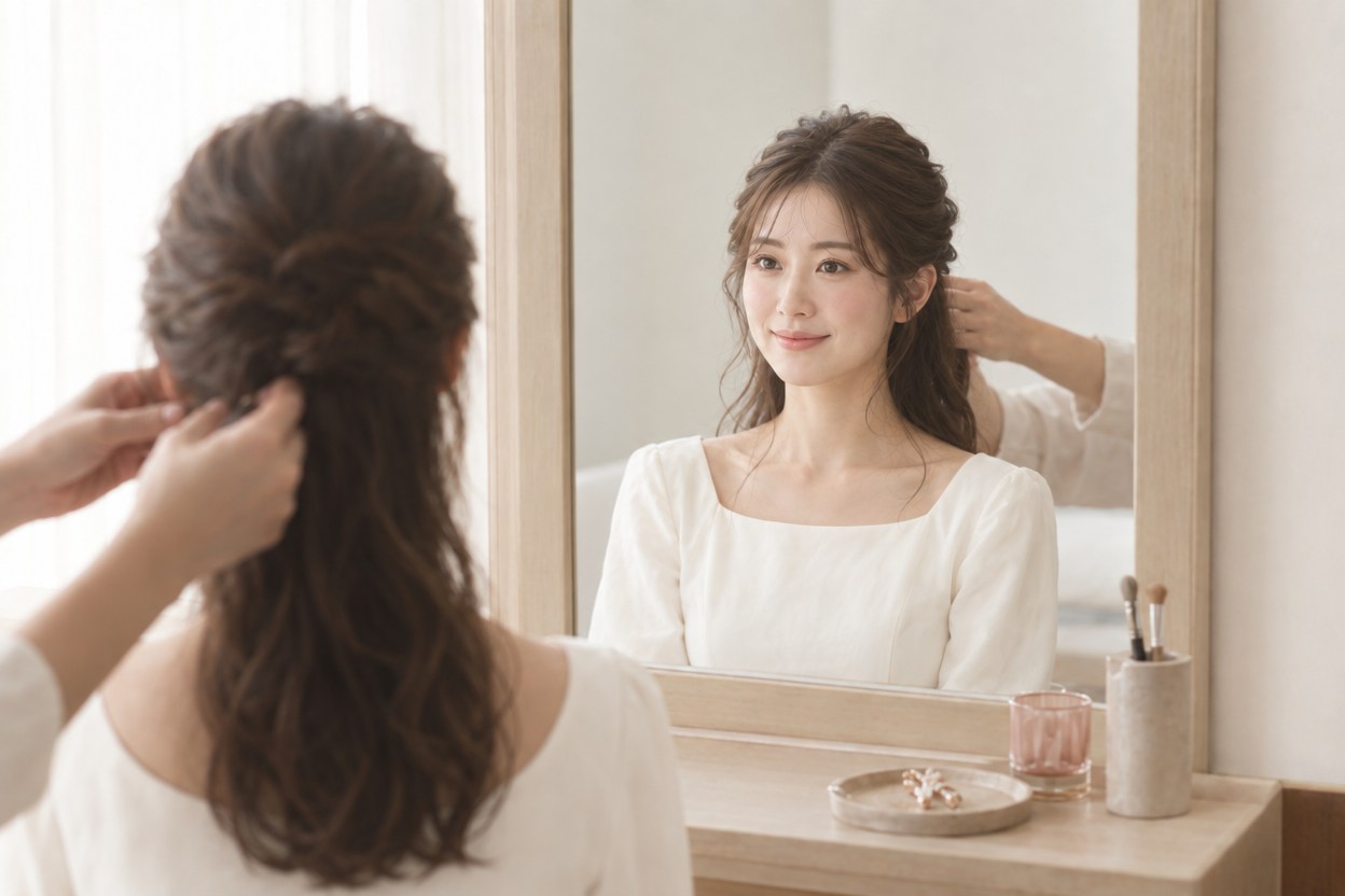 鏡の前でヘアメイクを受ける女性のイメージ